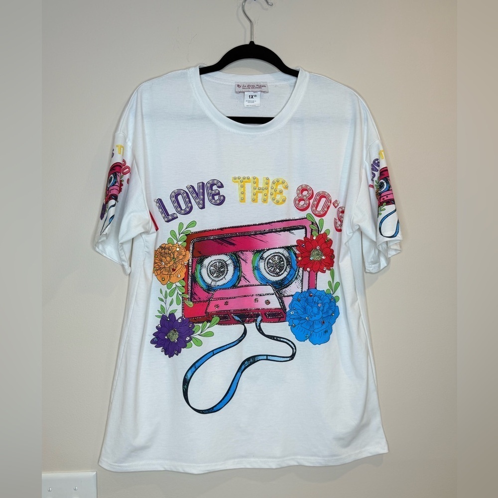 🔥White 80's Graphic T-Shirt with Colorful DesignSz 1X EUC🔥